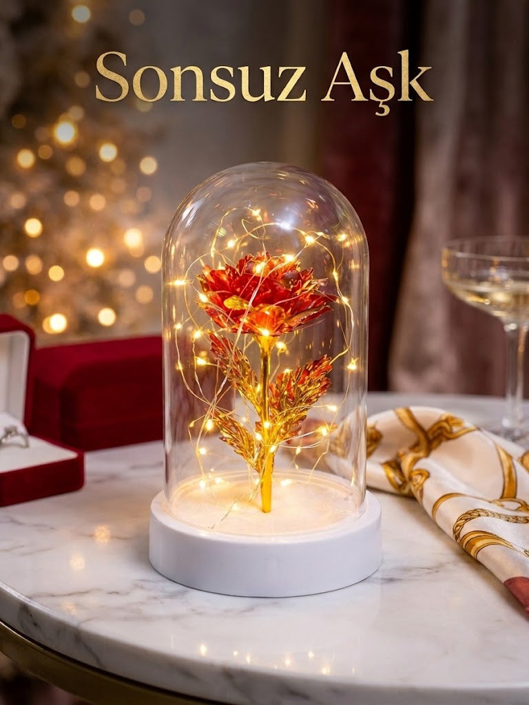 Solmayan Sonsuzluk Gülü Işıklı Fanusta | Kırmızı