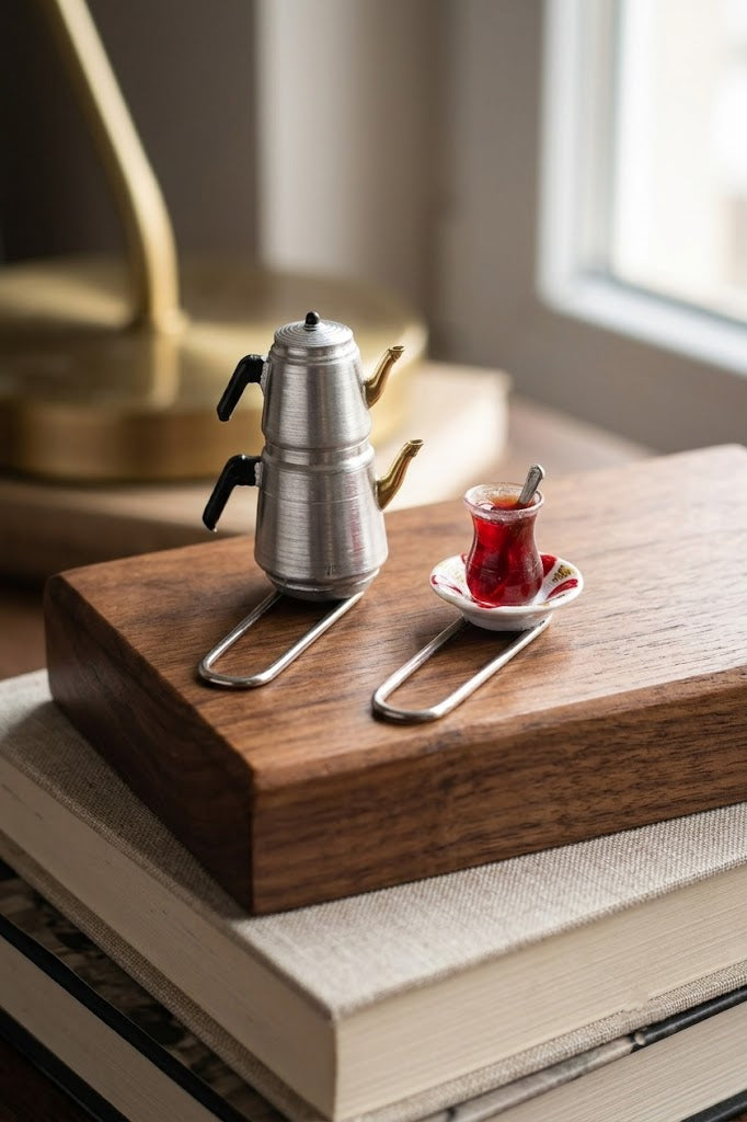 Minyatür Çay Bardaklı ve Çaydanlıklı Kitap Ayracı | El Yapımı